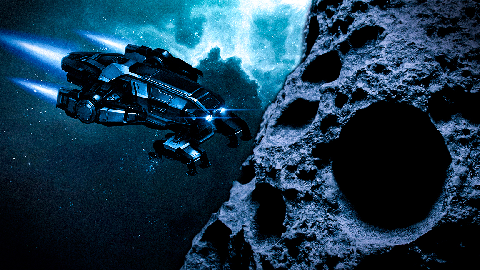 DVMO Deep Void Mining Operations pixel art spacecraft approaching a cratered asteroid