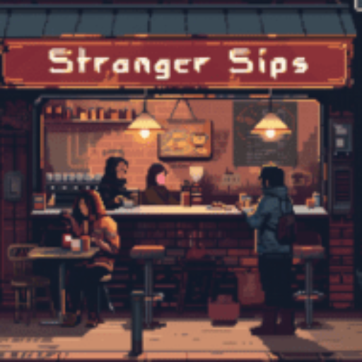 Stranger Sips neon coffee shop glowing at night